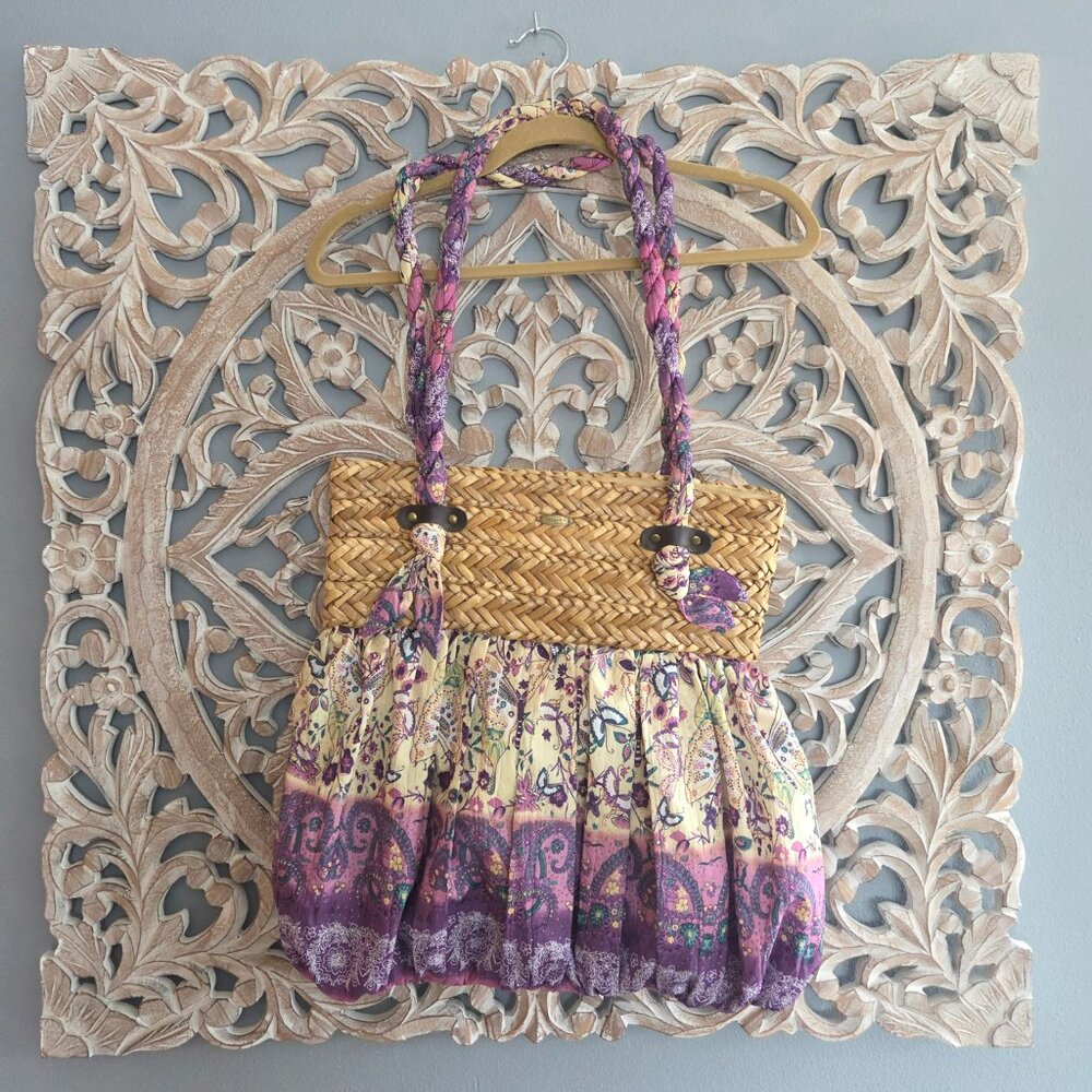 Cappella Straworld Boho Woven/Fabric Tote Bag Purse Purple Floral